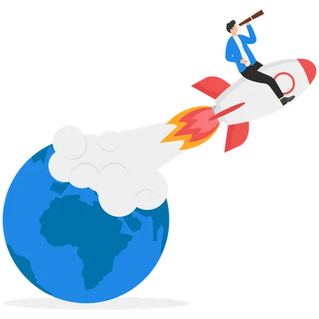 Man in a business suit is standing on a flying rocket and the globe  Illustration