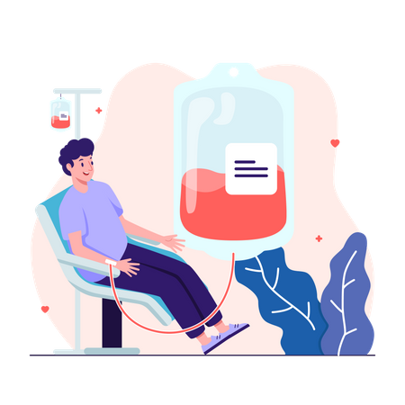Man in a chair donating his blood into a blood bag  Illustration