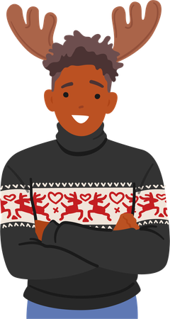 Man In A Festive Christmas Ugly Sweater Dons A Headband With Deer Antlers  Illustration