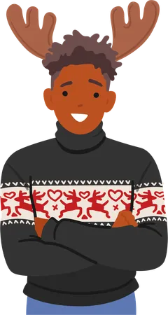 Man In A Festive Christmas Ugly Sweater Dons A Headband With Deer Antlers  Illustration