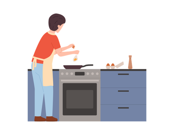 エプロンを着てスクランブルエッグを準備する男性と、キッチンで料理を楽しむ人々  イラスト