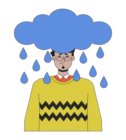 Raindrops Cloud Above Arab Man Head 2 D Linear Cartoon Character Loneliness Eyeglasses Adult Male Isolated Line Vector Person White Background Emotional Expression Color Flat Spot Illustration Illustration