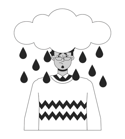 Raindrops Cloud Above Arab Man Head Black And White 2 D Line Cartoon Character Loneliness Eyeglasses Male Isolated Vector Outline Person Emotional Expression Monochromatic Flat Spot Illustration Illustration