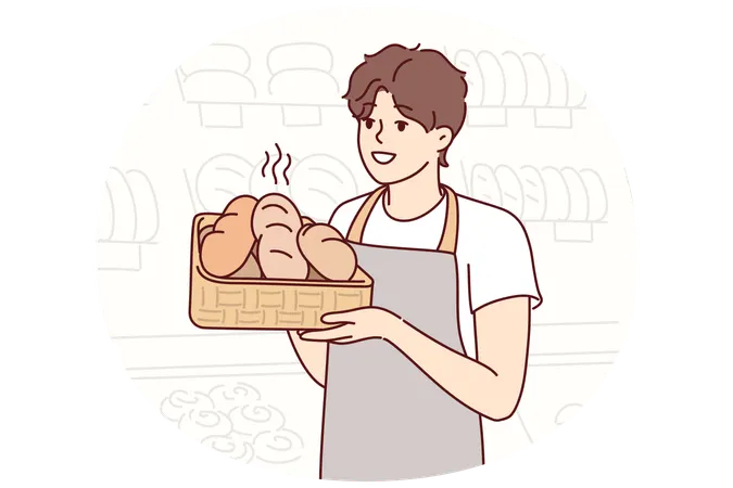 Man in apron baker holds tray of hot bread prepared for customers of supermarket  Illustration