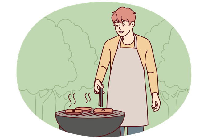 Man in apron cook meat outdoors  Illustration