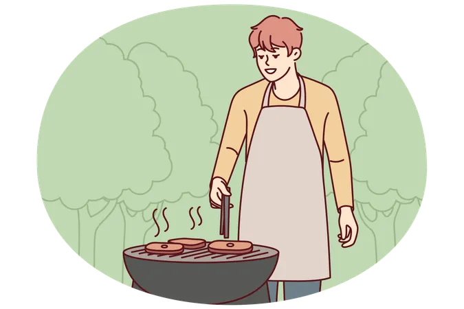 Man in apron cook meat outdoors  Illustration