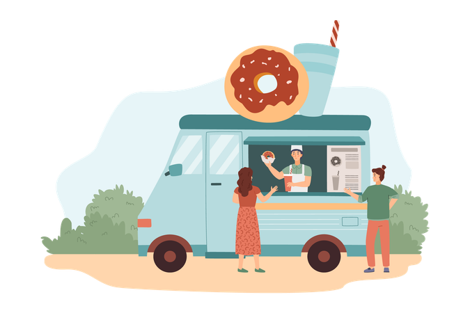 Man in apron sells donuts and drinks in van or truck  Illustration