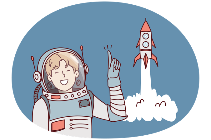 Man in astronaut clothes points finger up standing near spaceship taking off  Illustration