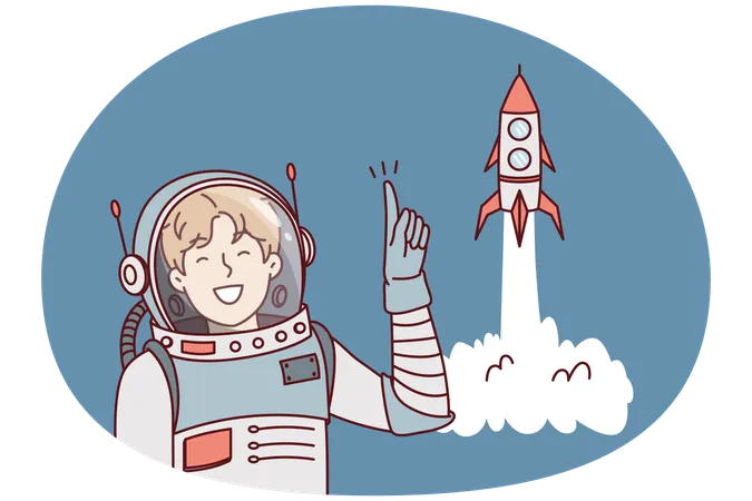 Man in astronaut clothes points finger up standing near spaceship taking off  Illustration