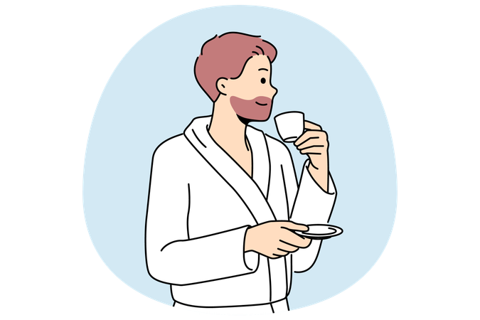 Man in bathrobe drinks coffee enjoying hot tart drink after waking up in morning  Illustration