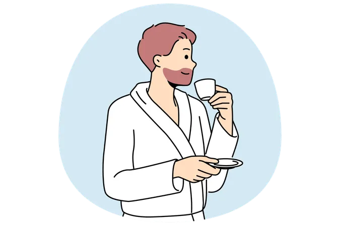 Man in bathrobe drinks coffee enjoying hot tart drink after waking up in morning  Illustration