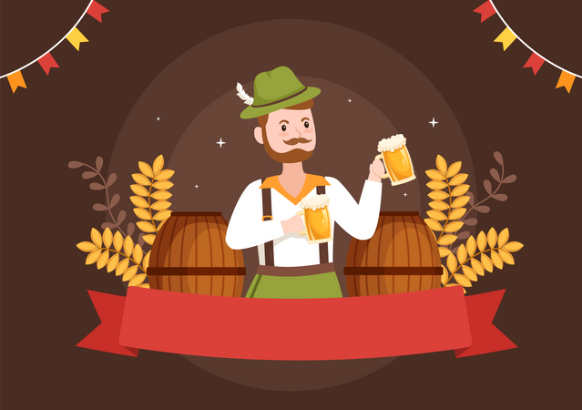 Man in Bavarian Costume Holding Beer Glass  イラスト