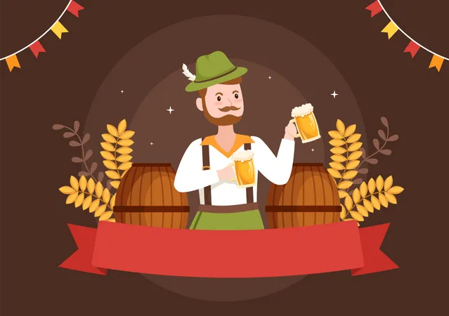 Oktoberfest Festival Cartoon Illustration With Bavarian Costume Holding Beer Glass While Dancing In Traditional German In Flat Style Design Illustration