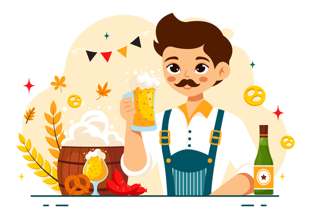 Man in Bavarian Costume Holding Beer Glass  Illustration