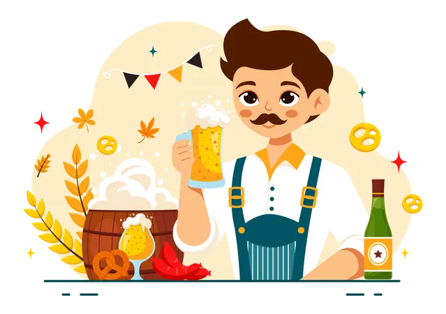 Man in Bavarian Costume Holding Beer Glass  Illustration