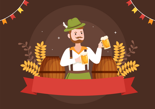 Man in Bavarian Costume Holding Beer Glass  Illustration