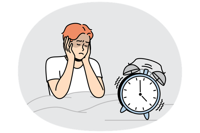 ベッドにいる男性は目覚まし時計の音が聞こえないように耳を塞いでいる  イラスト