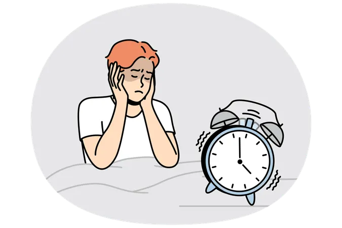 Man in bed closes ears not to hear sounds of alarm clock  Illustration