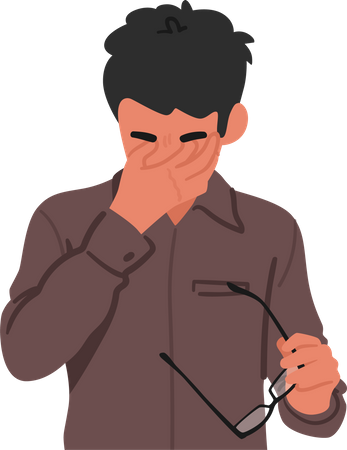 Man In Business Attire Holds His Glasses and Rubbing His Tired Eyes With Look Of Fatigue And Strain  イラスト