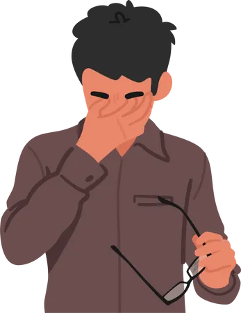 Man In Business Attire Holds His Glasses and Rubbing His Tired Eyes With Look Of Fatigue And Strain  イラスト
