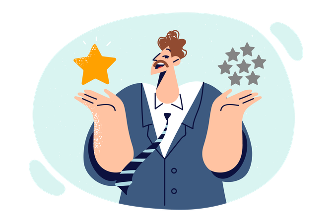 Man in business clothes holds rating stars symbolizing feedback and evaluation from company clients  Illustration