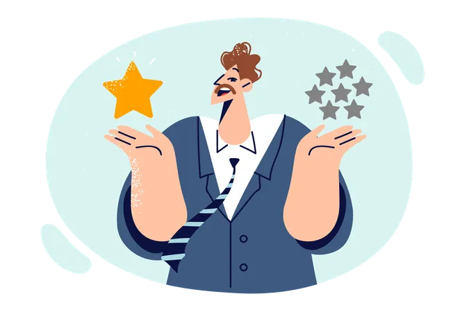 Man In Business Clothes Holds Rating Stars Symbolizing Feedback And Evaluation From Company Clients Guy Chooses Fair Rating For Application Or Encourages To Leave Positive Review To Promote Services Illustration