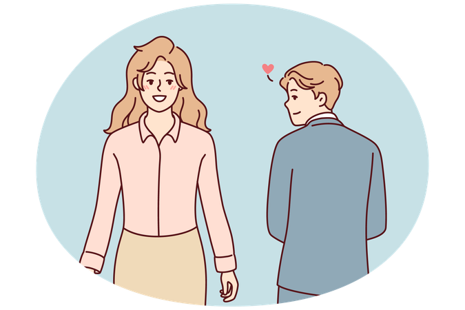 Man in business clothes looks back at beautiful woman having romantic feelings  Illustration