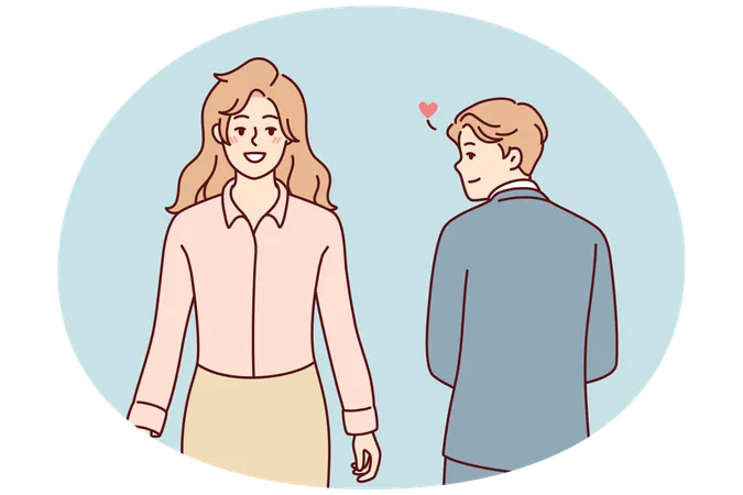 Man in business clothes looks back at beautiful woman having romantic feelings  Illustration