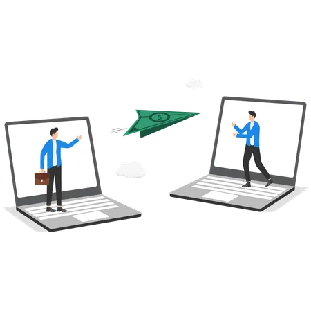 Man in business suit stands on laptop and launches paper airplane from bill  Illustration