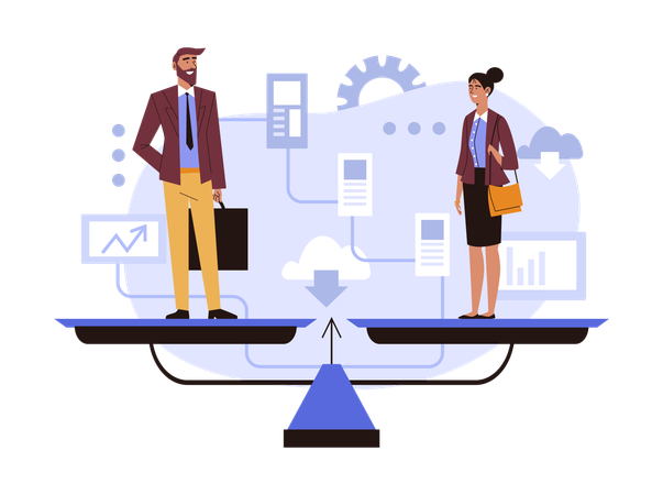Man in business suit with briefcase and woman office employee balance equal on scale  Illustration