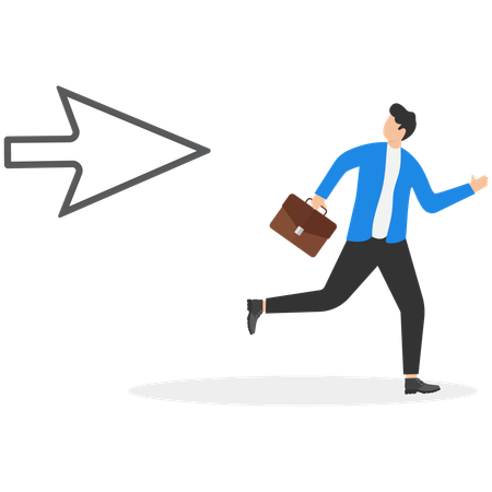 Man in business suit with briefcase running away from big white arrow  Illustration