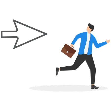 Man in business suit with briefcase running away from big white arrow  Illustration