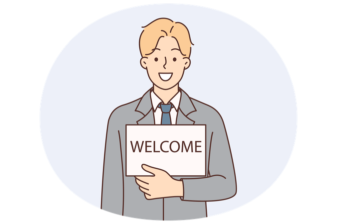 Man in business suit with inscription welcome on piece of paper invites to join team of company  Illustration