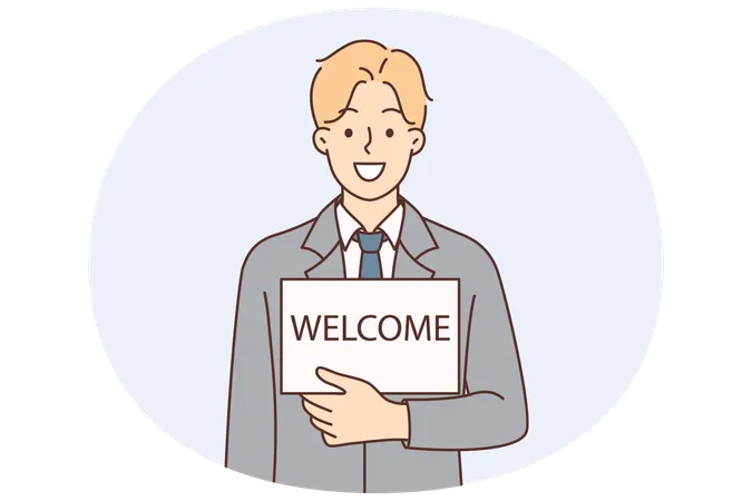 Man in business suit with inscription welcome on piece of paper invites to join team of company  Illustration