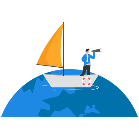 Man in business suit with spyglass is floating on red paper boat on globe  Illustration