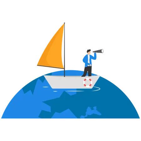 Man in business suit with spyglass is floating on red paper boat on globe  Illustration