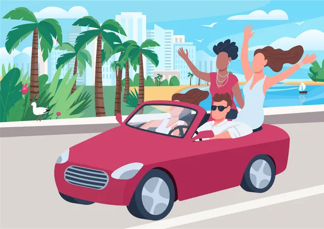 Man In Car Surrounded By Girls Flat Color Vector Illustration Popular And Attractive Man Youth Hanging Out Guy In Cabriolet Riding Coastal Road 2 D Cartoon Characters With Cityscape On Background Illustration