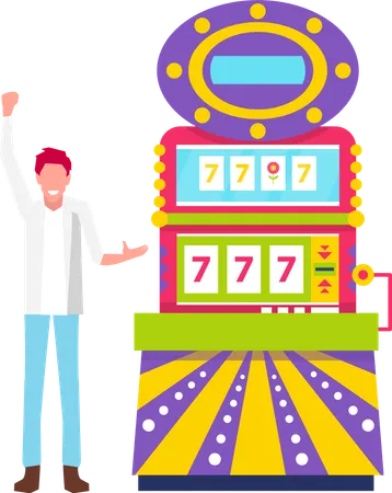 Winning Money In Casino Vector Man Happy To Get Finances Lucky Sevens Bingo Winning Fellow In Formal Clothes Standing By Gambling Machine With Numbers Illustration