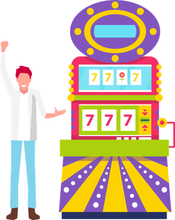 Man in Casino, Gambler by Slot Machine with 777  イラスト