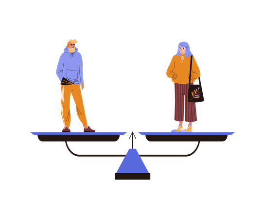 Man in casual clothes and woman wearing hoodie stand on the scales showing equal weight  Illustration
