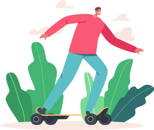 Young Man In Casual Clothes Riding Electric Skateboard On City Park Background Teenager Character Skateboarding With Smile Emoji Ecologic Transport Megapolis Lifestyle Cartoon Vector Illustration Illustration