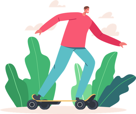 Man in Casual Clothes Riding Electric Skateboard  Illustration