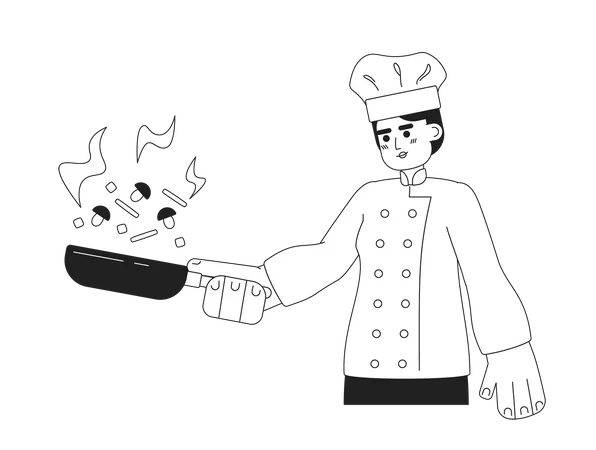 Man In Chef Hat With Pan Monochromatic Flat Vector Character Editable Thin Line Half Body Caucasian Man Flipping Vegetables On White Simple Bw Cartoon Spot Image For Web Graphic Design Illustration