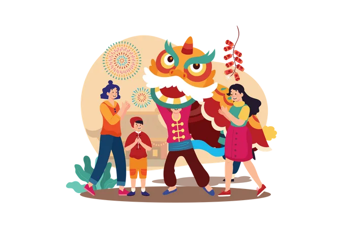 Man in Chinese dragon costume entertaining crowd  イラスト