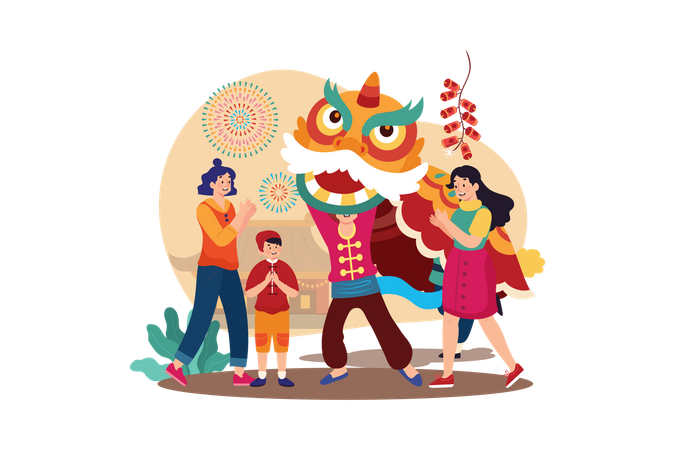 Man in Chinese dragon costume entertaining crowd  일러스트레이션