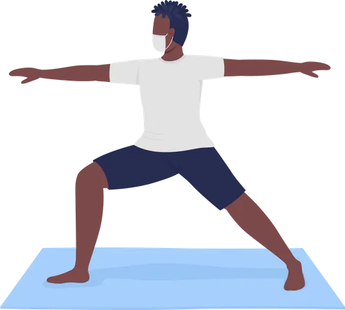 Man in cloth mask performing warrior yoga pose Illustration