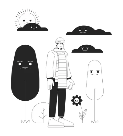 Depressed Mood On Gloomy Day Black And White 2 D Illustration Concept Winter Blues Man Caucasian Cartoon Outline Character Isolated On White Trigger Seasonal Depression Metaphor Monochrome Vector Art Illustration