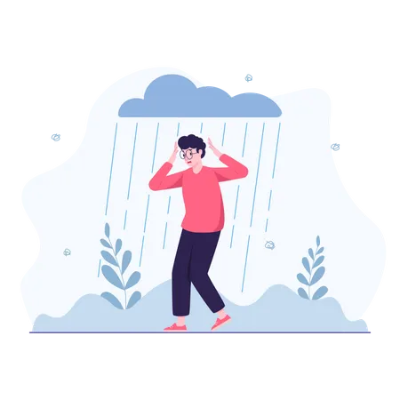 Man in depression standing in the rain  Illustration