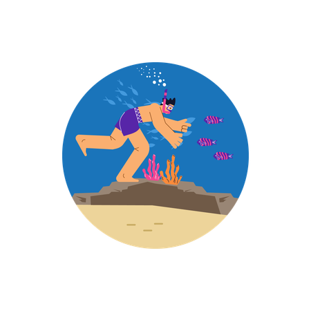 Man in diving mask swimming in sea and observing coral reef  Illustration