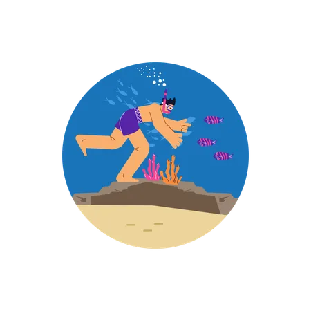 Man in diving mask swimming in sea and observing coral reef  Illustration